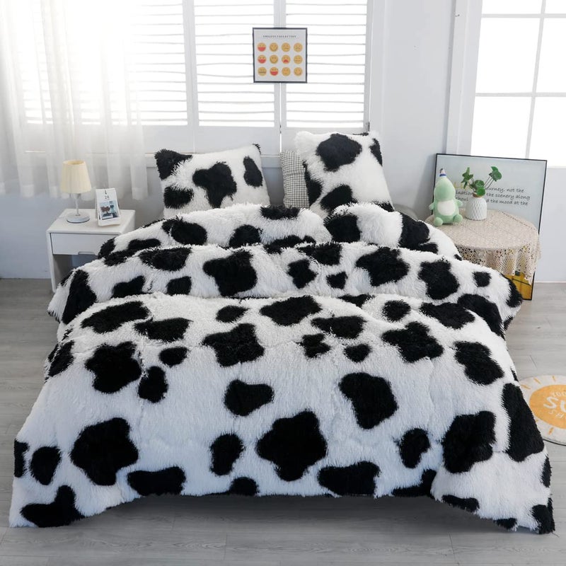 chovy Faux Fur Tie-Dyed Cow Print Black White Comforter Sets Queen - 3PC Bed Set Ultra Soft Plush Flannel Velvet Fluffy Fuzzy Bedding(Comforter x 1 Pillowcases x 2) - Image 1